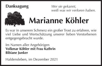 Traueranzeige von Marianne Köhler  von Magdeburger Volksstimme