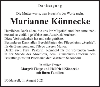 Traueranzeige von Marianne Könnecke  von Magdeburger Volksstimme