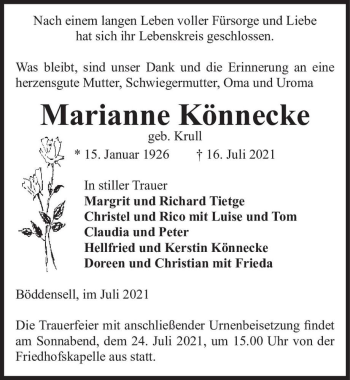 Traueranzeige von Marianne Könnecke (geb. Krull)  von Magdeburger Volksstimme