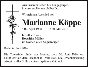 Traueranzeige von Marianne Köppe  von Magdeburger Volksstimme