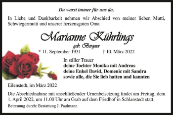 Traueranzeige von Marianne Kührlings (geb. Bergner)  von Magdeburger Volksstimme