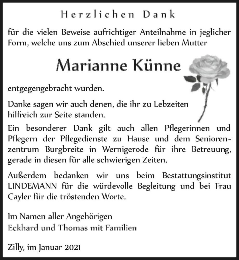 Traueranzeige für Marianne Künne  vom 30.01.2021 aus Magdeburger Volksstimme