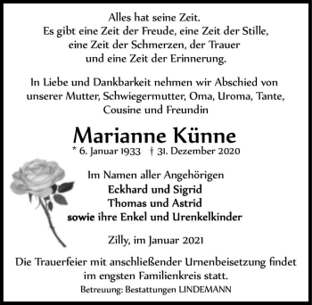 Traueranzeige von Marianne Künne  von Magdeburger Volksstimme
