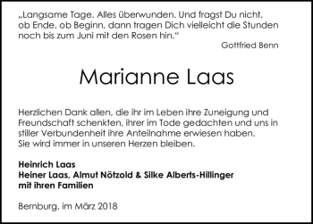 Traueranzeige von Marianne Laas  von Magdeburger Volksstimme