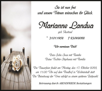 Traueranzeige von Marianne Landua (geb. Austinal)  von Magdeburger Volksstimme