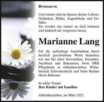 Traueranzeige von Marianne Lang  von Magdeburger Volksstimme