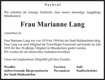 Traueranzeige von Marianne Lang  von Magdeburger Volksstimme