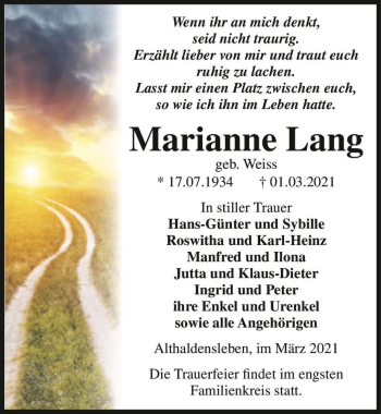 Traueranzeige von Marianne Lang (geb. Weiss)  von Magdeburger Volksstimme