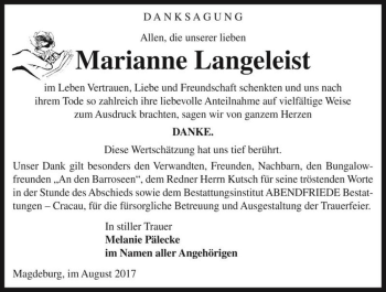 Traueranzeige von Marianne Langeleist  von Magdeburger Volksstimme