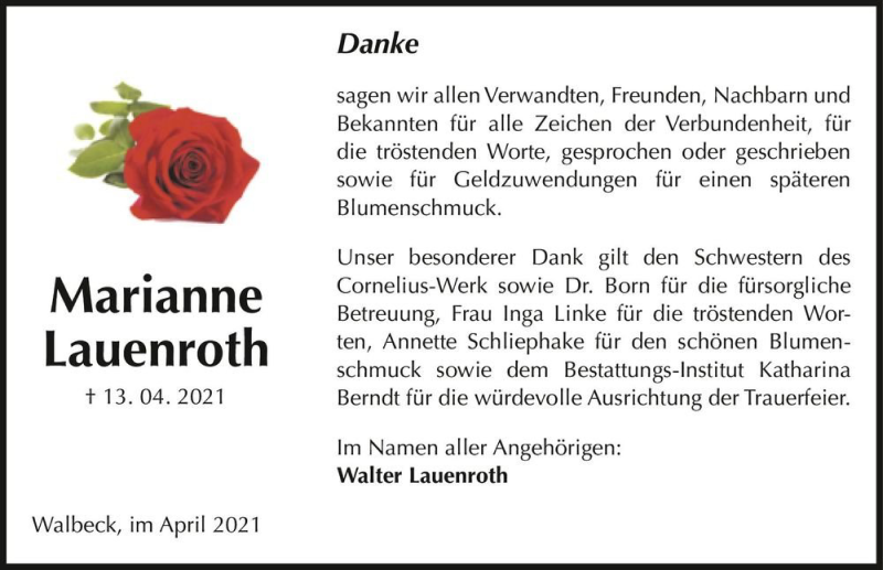  Traueranzeige für Marianne Lauenroth  vom 30.04.2021 aus Magdeburger Volksstimme
