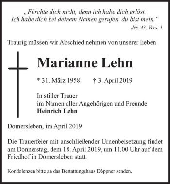 Traueranzeige von Marianne Lehn  von Magdeburger Volksstimme