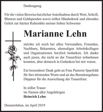 Traueranzeige von Marianne Lehn  von Magdeburger Volksstimme