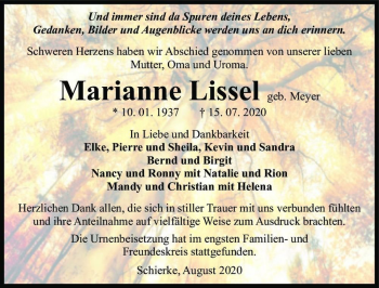 Traueranzeige von Marianne Lissel (geb. Meyer)  von Magdeburger Volksstimme