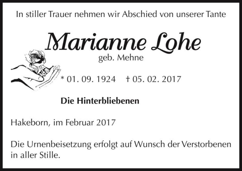  Traueranzeige für Marianne Lohe (geb. Mehne)  vom 09.02.2017 aus Magdeburger Volksstimme