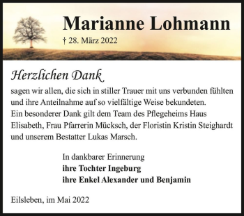 Traueranzeige von Marianne Lohmann  von Magdeburger Volksstimme