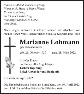 Traueranzeige von Marianne Lohmann (geb. Schisanowski)  von Magdeburger Volksstimme