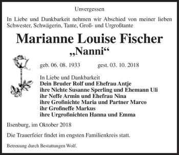 Traueranzeige von Marianne Louise Fischer 
