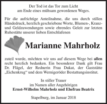 Traueranzeige von Marianne Mahrholz  von Magdeburger Volksstimme