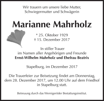 Traueranzeige von Marianne Mahrholz  von Magdeburger Volksstimme