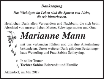 Traueranzeige von Marianne Mann  von Magdeburger Volksstimme