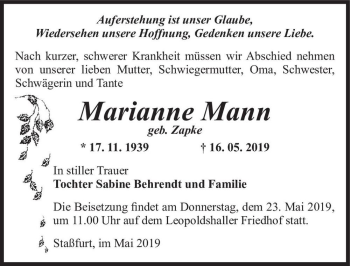 Traueranzeige von Marianne Mann (geb. Zapke)  von Magdeburger Volksstimme