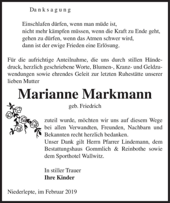 Traueranzeige von Marianne Markmann (geb. Friedrich)  von Magdeburger Volksstimme