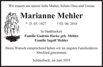 Traueranzeige von Marianne Mehler  von Magdeburger Volksstimme