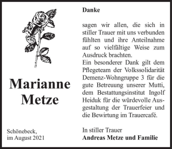 Traueranzeige von Marianne Metze  von Magdeburger Volksstimme