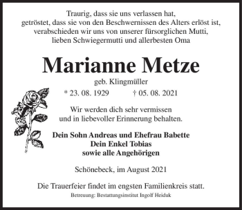 Traueranzeige von Marianne Metze (geb. Klingmüller)  von Magdeburger Volksstimme
