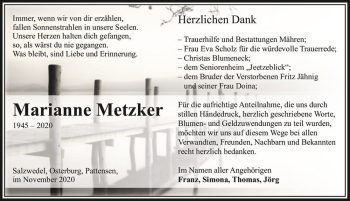 Traueranzeige von Marianne Metzker  von Magdeburger Volksstimme
