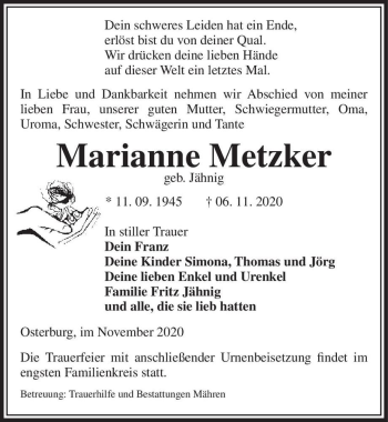 Traueranzeige von Marianne Metzker (geb. Jähnig)  von Magdeburger Volksstimme