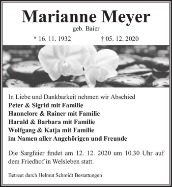 Traueranzeige von Marianne Meyer (geb. Baier)  von Magdeburger Volksstimme