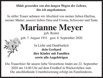Traueranzeige von Marianne Meyer (geb. Reuter)  von Magdeburger Volksstimme