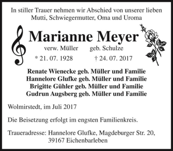 Traueranzeige von Marianne Meyer (geb. Schulze, verw. Müller)  von Magdeburger Volksstimme