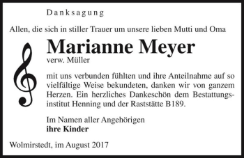 Traueranzeige von Marianne Meyer (verw. Müller)  von Magdeburger Volksstimme