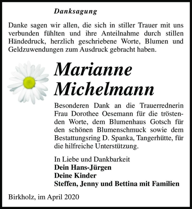  Traueranzeige für Marianne Michelmann  vom 02.05.2020 aus Magdeburger Volksstimme