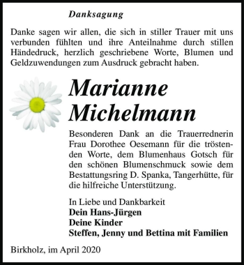 Traueranzeige von Marianne Michelmann  von Magdeburger Volksstimme