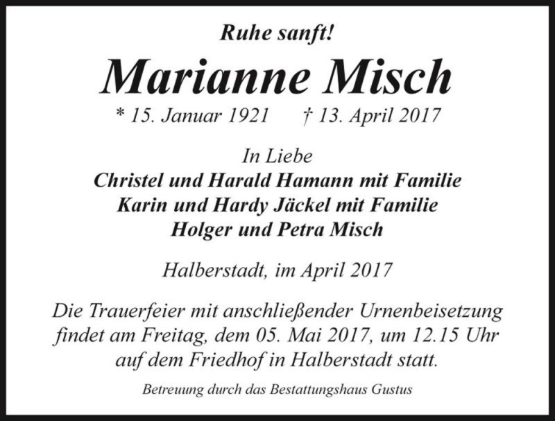  Traueranzeige für Marianne Misch  vom 22.04.2017 aus Magdeburger Volksstimme