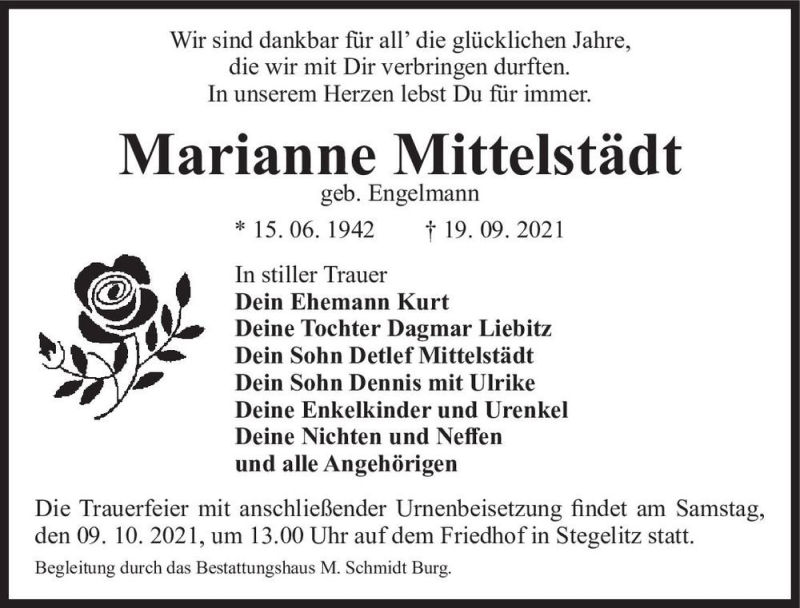  Traueranzeige für Marianne Mittelstädt (geb. Engelmann)  vom 02.10.2021 aus Magdeburger Volksstimme