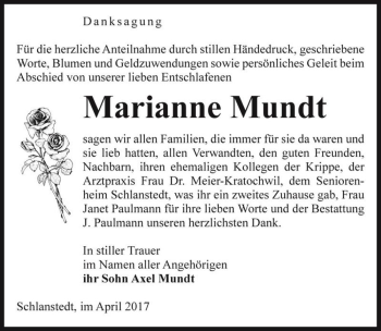 Traueranzeige von Marianne Mundt  von Magdeburger Volksstimme