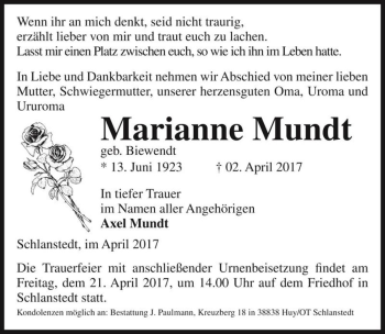 Traueranzeige von Marianne Mundt (geb. Biewendt)  von Magdeburger Volksstimme