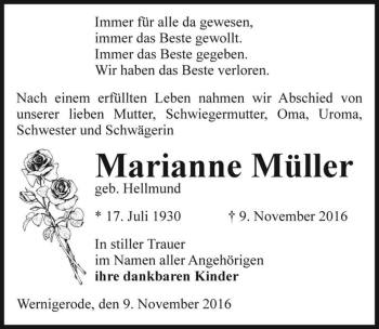 Traueranzeige von Marianne Müller (geb. Hellmund)  von Magdeburger Volksstimme