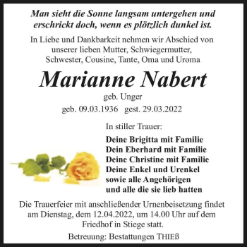 Traueranzeige von Marianne Nabert (geb. Unger)  von Magdeburger Volksstimme