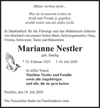Traueranzeige von Marianne Nestler (geb. Sandig)  von Magdeburger Volksstimme