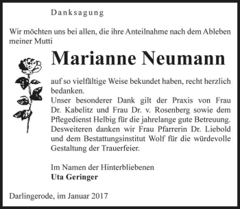 Traueranzeige von Marianne Neumann  von Magdeburger Volksstimme