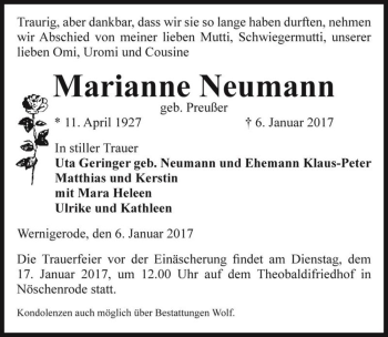 Traueranzeige von Marianne Neumann (geb. Preußer)  von Magdeburger Volksstimme