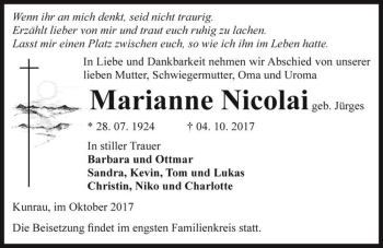 Traueranzeige von Marianne Nicolai (geb. Jürges)  von Magdeburger Volksstimme