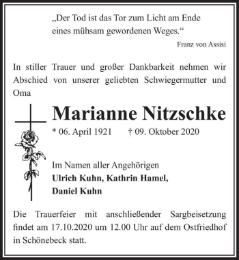 Traueranzeige von Marianne Nitzschke  von Magdeburger Volksstimme