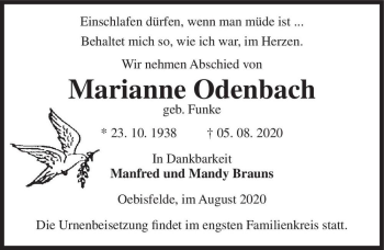 Traueranzeige von Marianne Odenbach (geb. Funke)  von Magdeburger Volksstimme