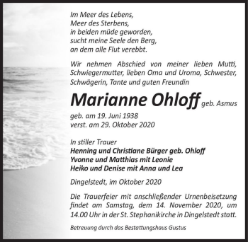 Traueranzeige von Marianne Ohloff (geb. Asmus)  von Magdeburger Volksstimme